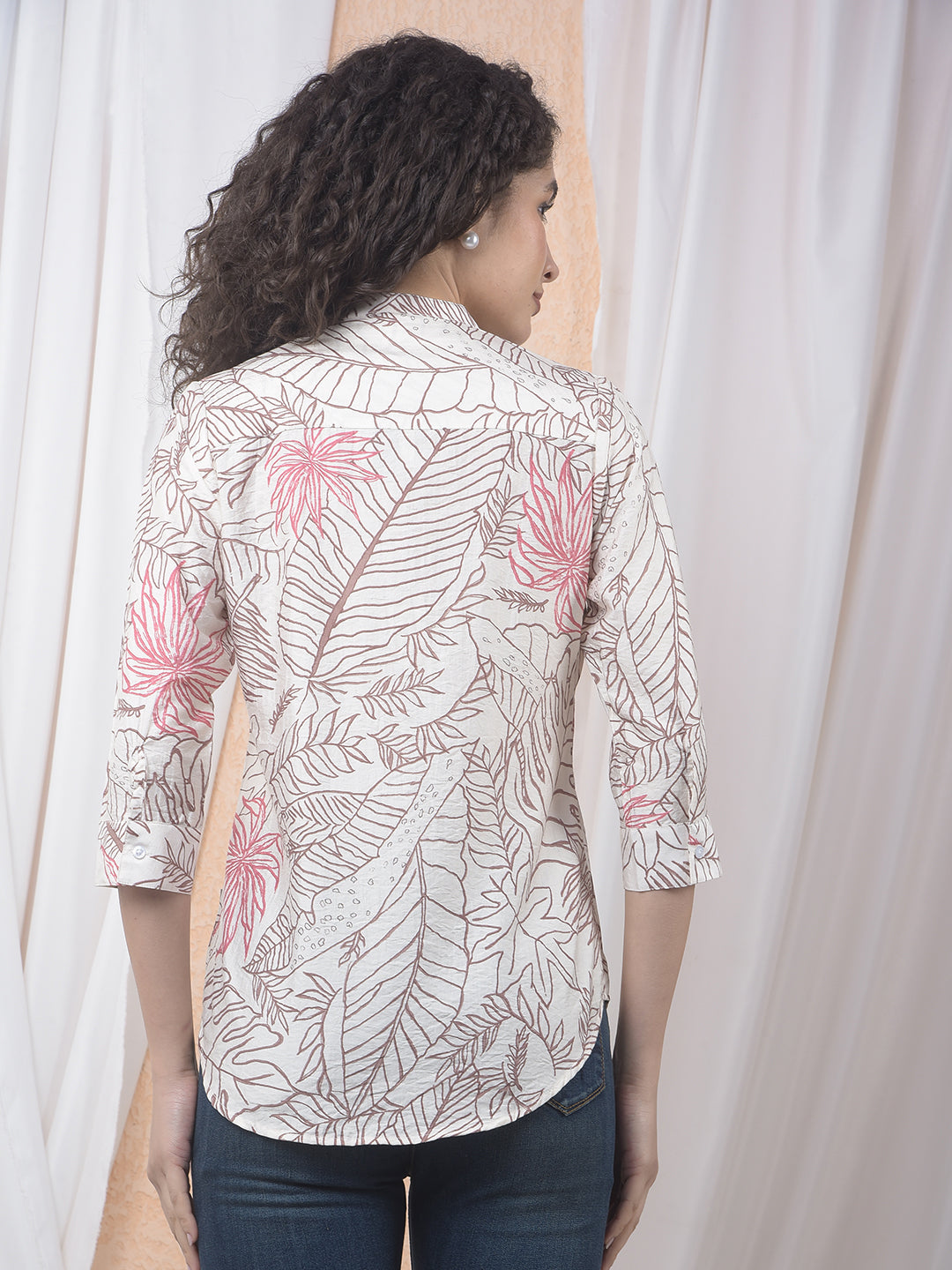 Pink Floral Print V-Neck Top-Women Tops-Crimsoune Club