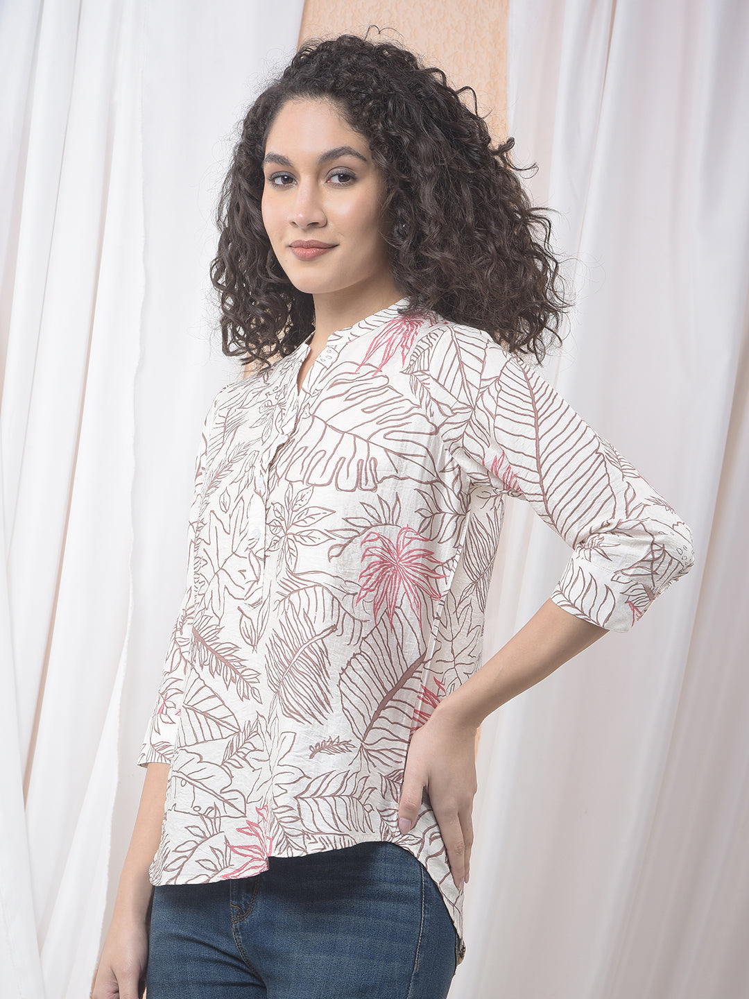 Pink Floral Print V-Neck Top-Women Tops-Crimsoune Club