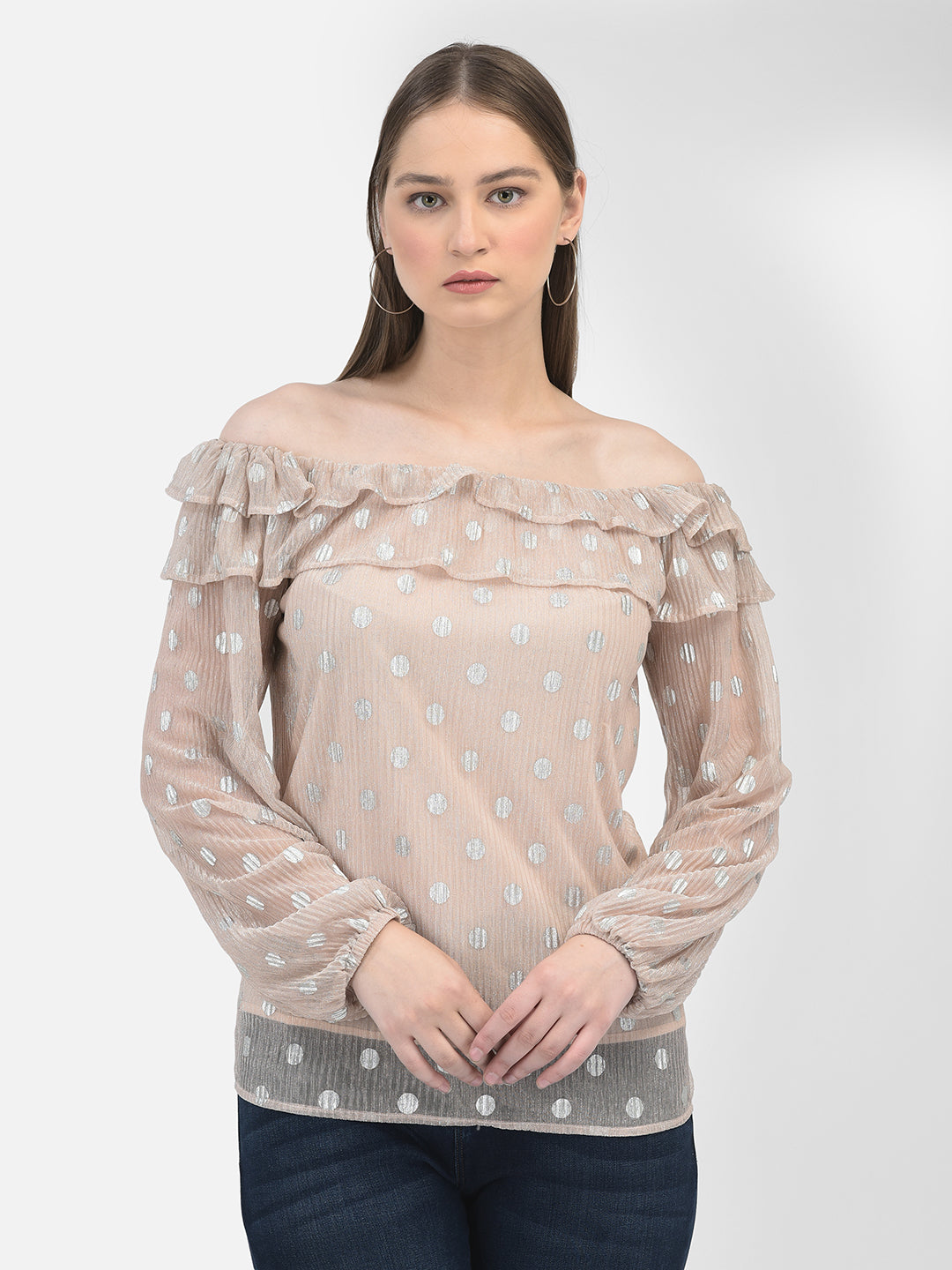 Polka Dots Beige Top-Women Tops-Crimsoune Club