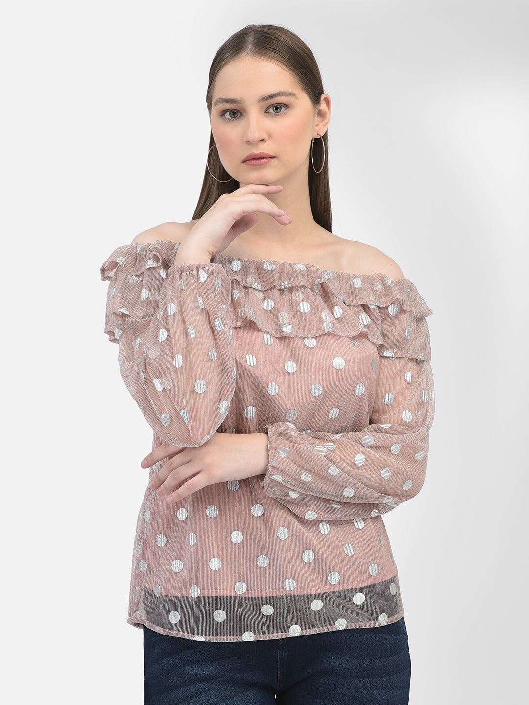 Polka Dots Peach Top-Women Tops-Crimsoune Club