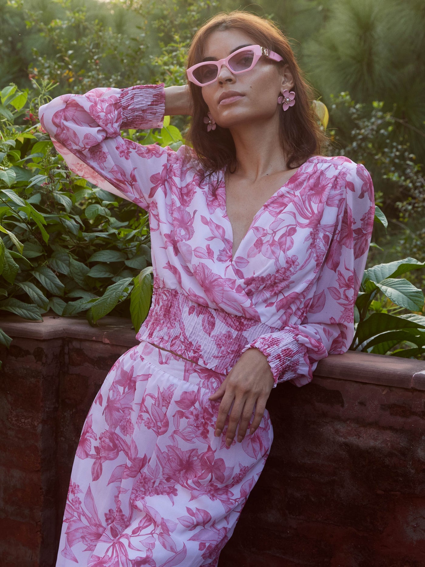 Pink Floral Wrap Top-Women Tops-Crimsoune Club