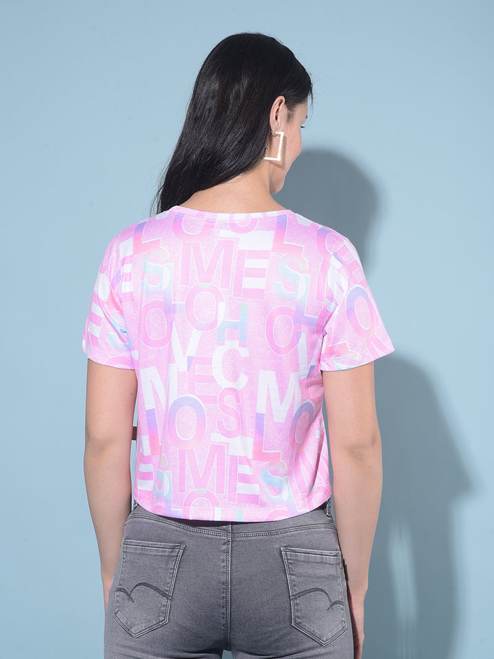 Pink Typographic Printed Crop Length Top-Women Tops-Crimsoune Club