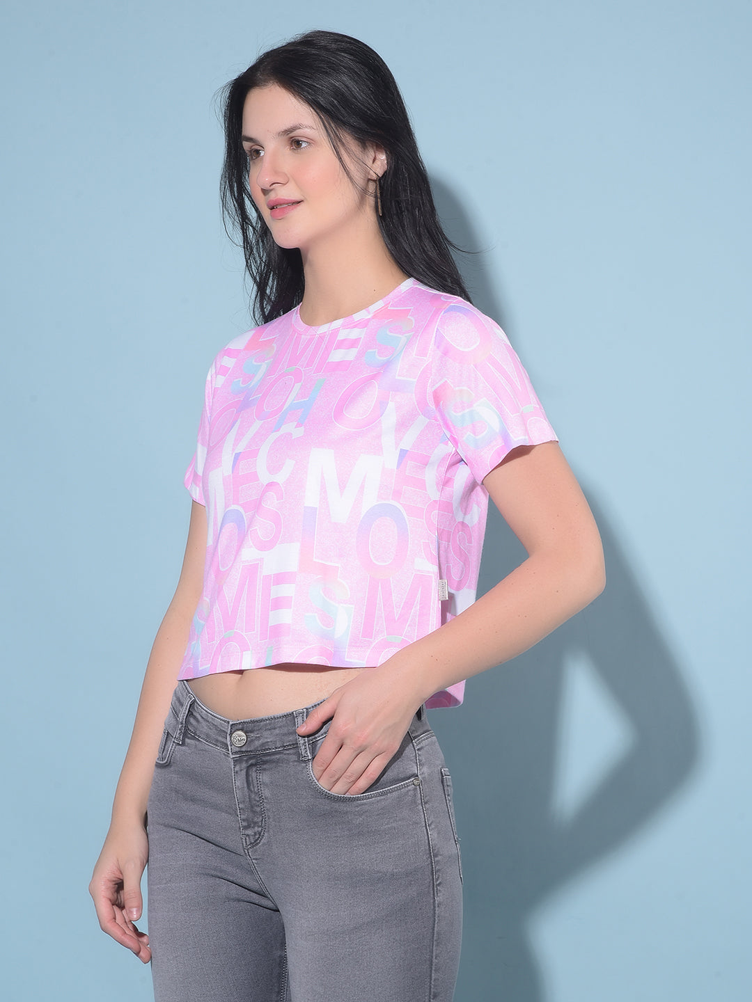Pink Typographic Printed Crop Length Top-Women Tops-Crimsoune Club
