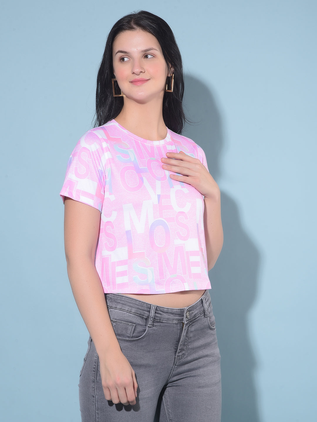 Pink Typographic Printed Crop Length Top-Women Tops-Crimsoune Club