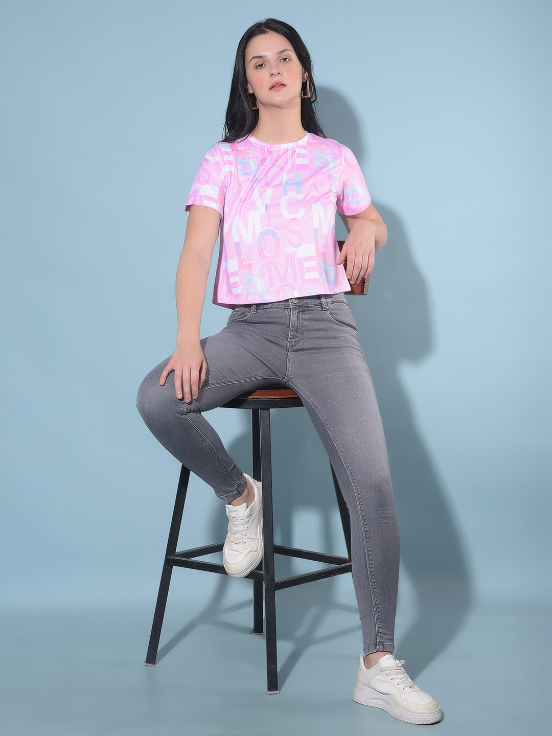 Pink Typographic Printed Crop Length Top-Women Tops-Crimsoune Club