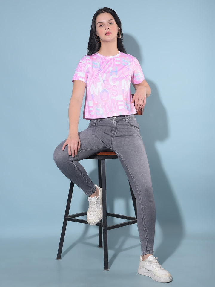 Pink Typographic Printed Crop Length Top-Women Tops-Crimsoune Club