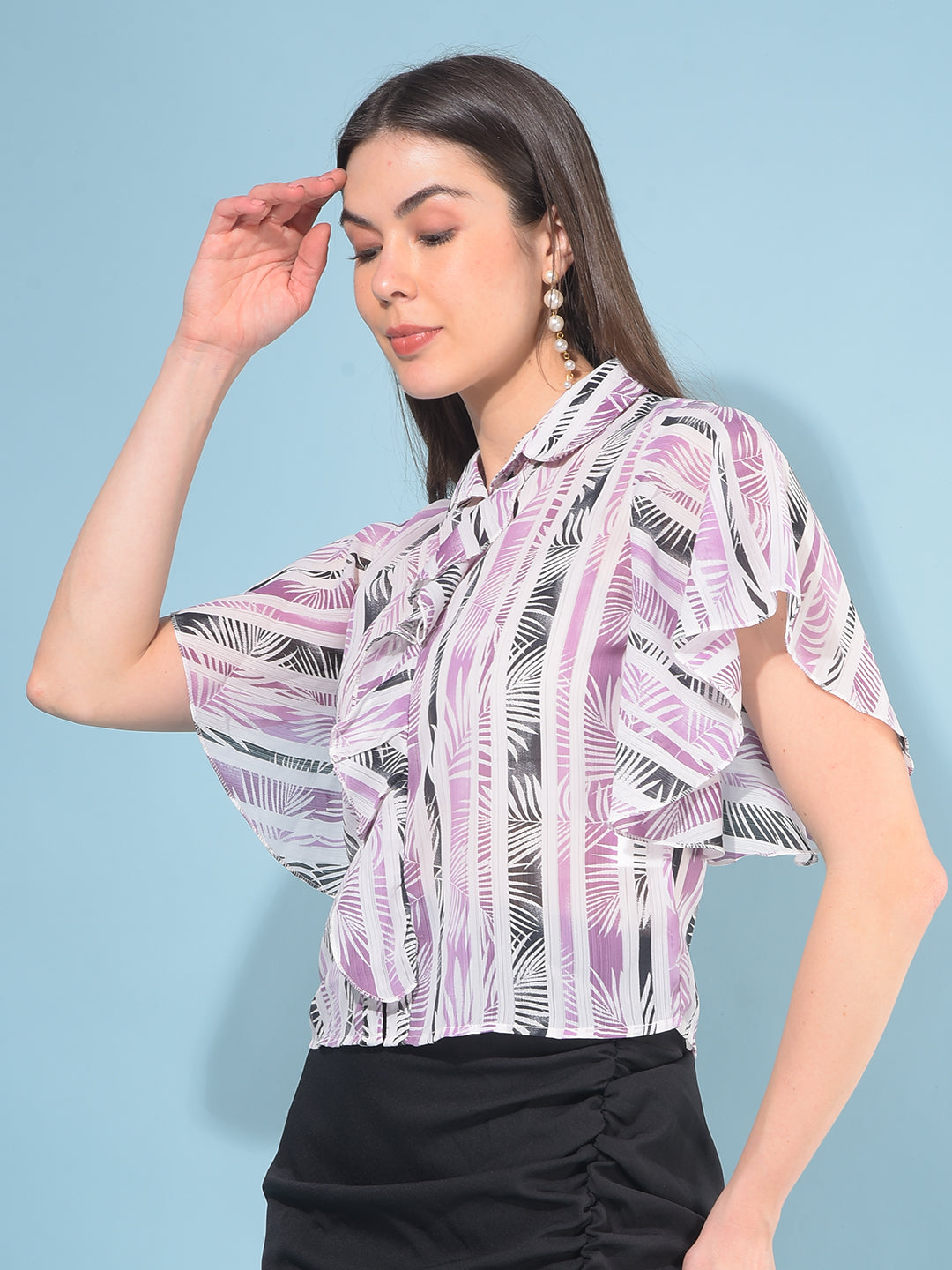 Purple Floral Print Top-Women Tops-Crimsoune Club