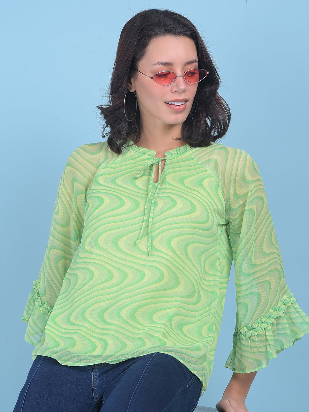 Green Abstract Print Top-Women Tops-Crimsoune Club