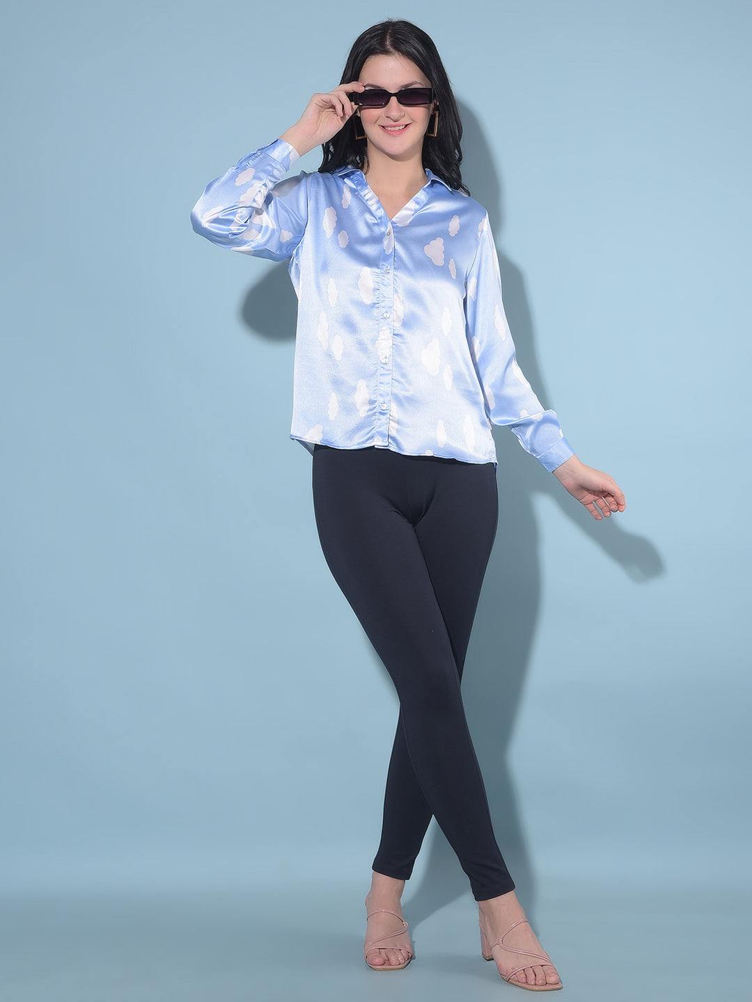 Blue Printed Party Shirt-Women Shirts-Crimsoune Club