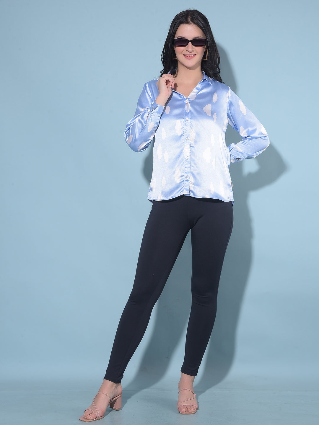 Blue Printed Party Shirt-Women Shirts-Crimsoune Club