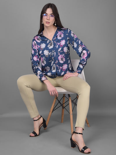 Navy Blue Floral Shirt-Women Shirts-Crimsoune Club