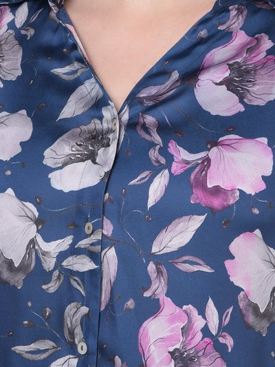 Navy Blue Floral Shirt-Women Shirts-Crimsoune Club