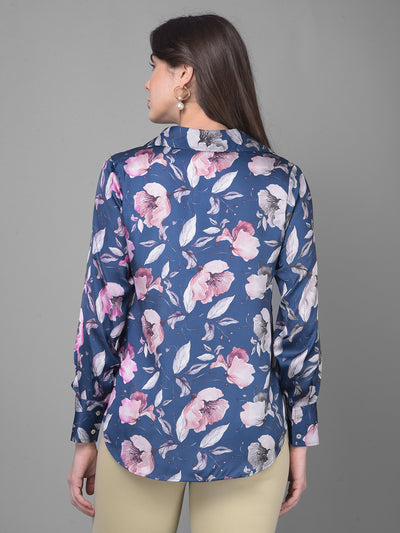 Navy Blue Floral Shirt-Women Shirts-Crimsoune Club