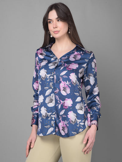Navy Blue Floral Shirt-Women Shirts-Crimsoune Club