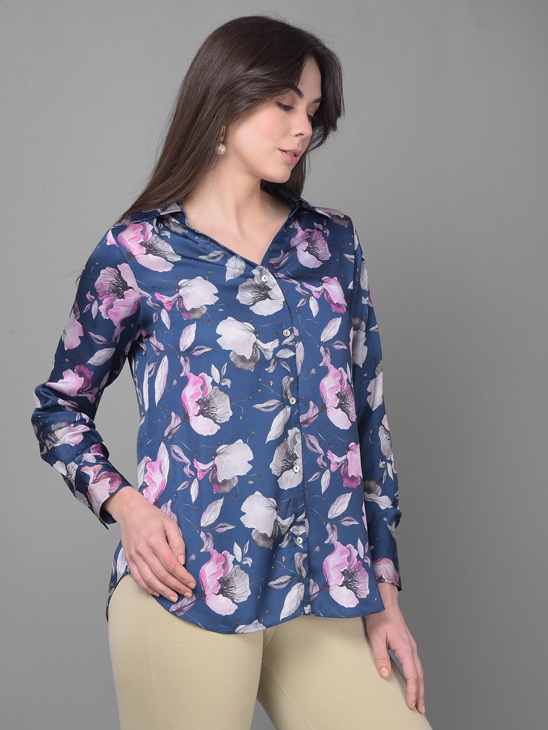 Navy Blue Floral Shirt-Women Shirts-Crimsoune Club