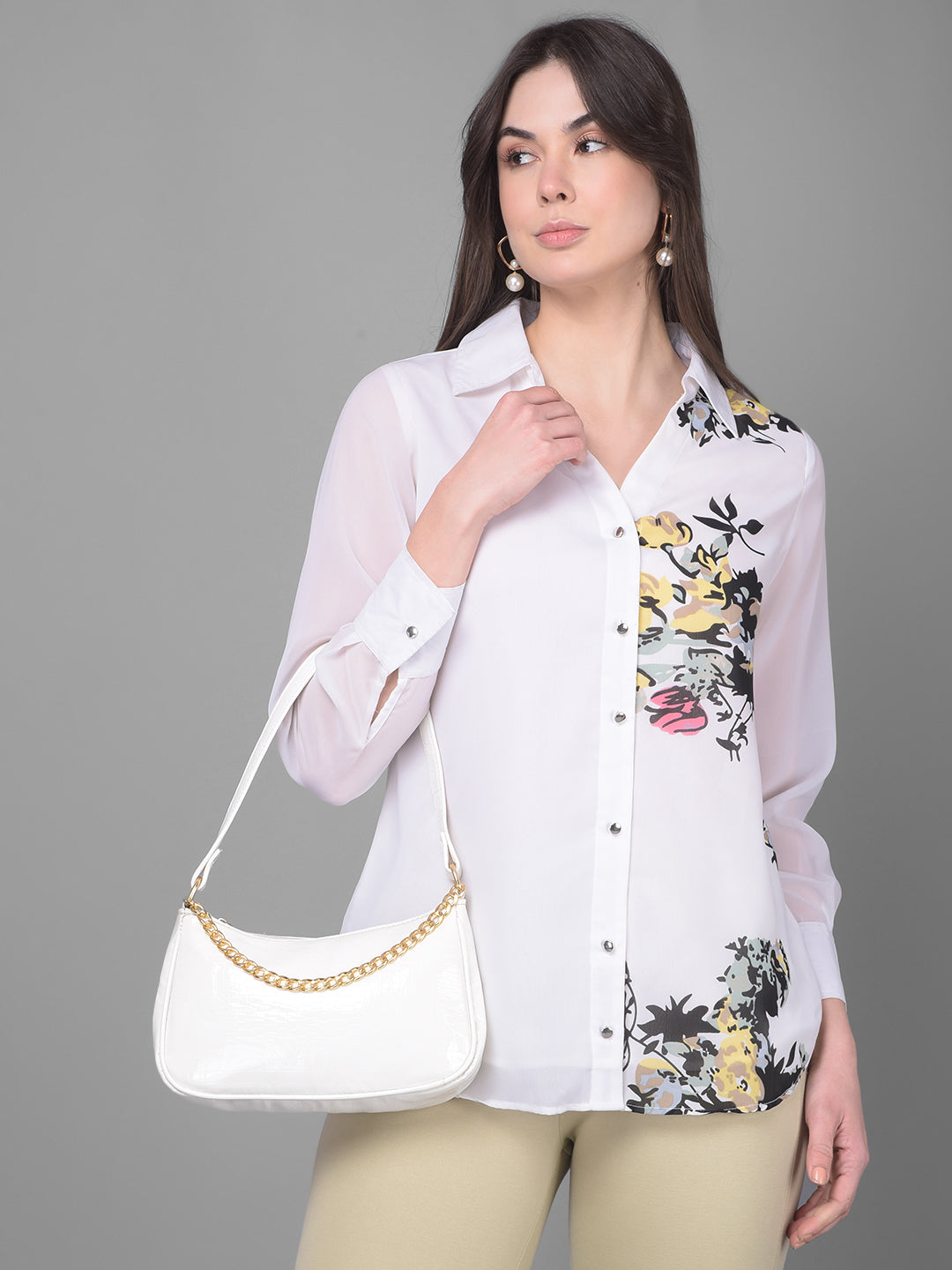 White Floral Shirt-Women Shirts-Crimsoune Club