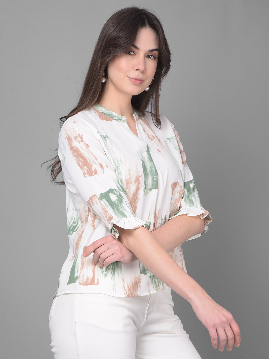 Beige Printed Top-Women Tops-Crimsoune Club