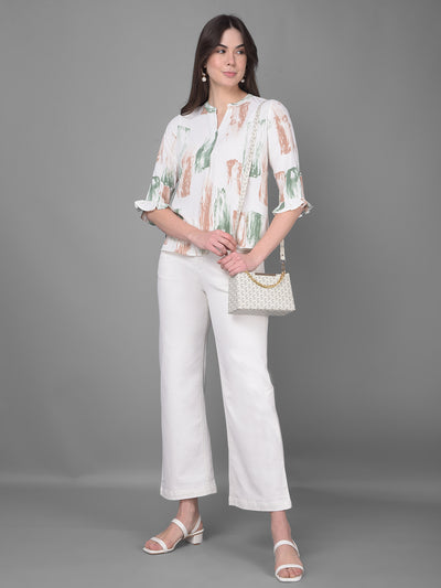 Beige Printed Top-Women Tops-Crimsoune Club