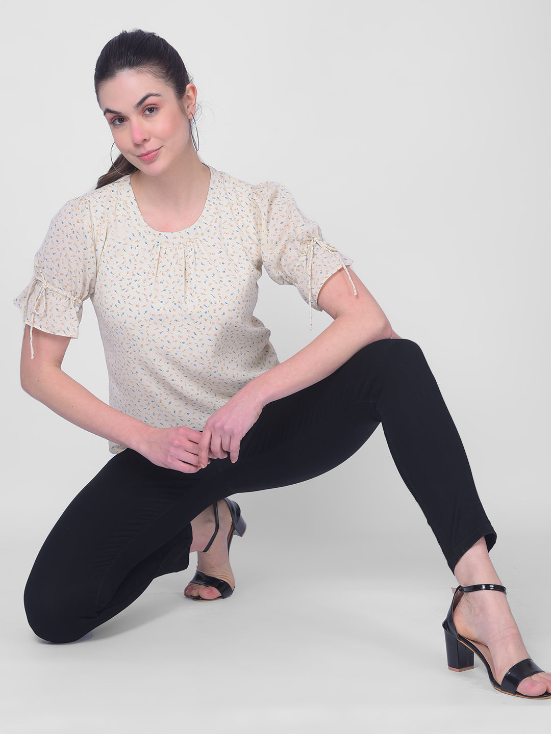 Beige Floral Top-Women Tops-Crimsoune Club