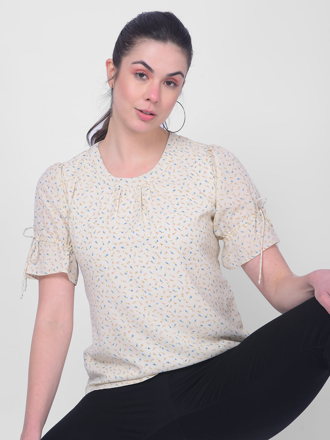 Beige Floral Top-Women Tops-Crimsoune Club