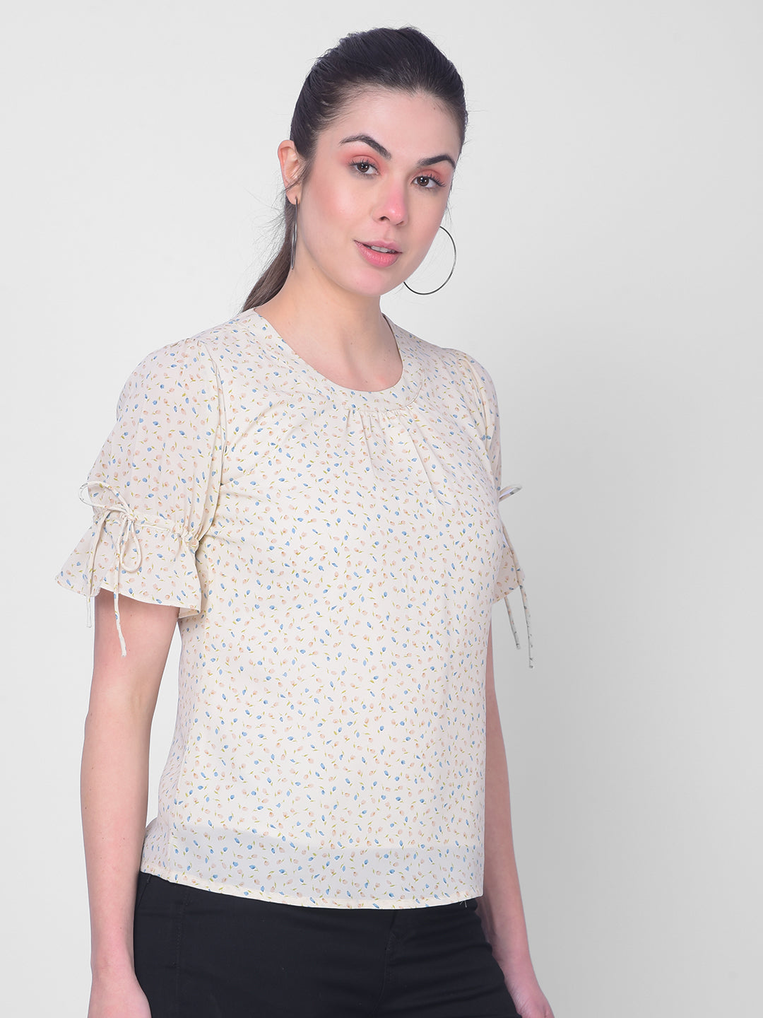 Beige Floral Top-Women Tops-Crimsoune Club