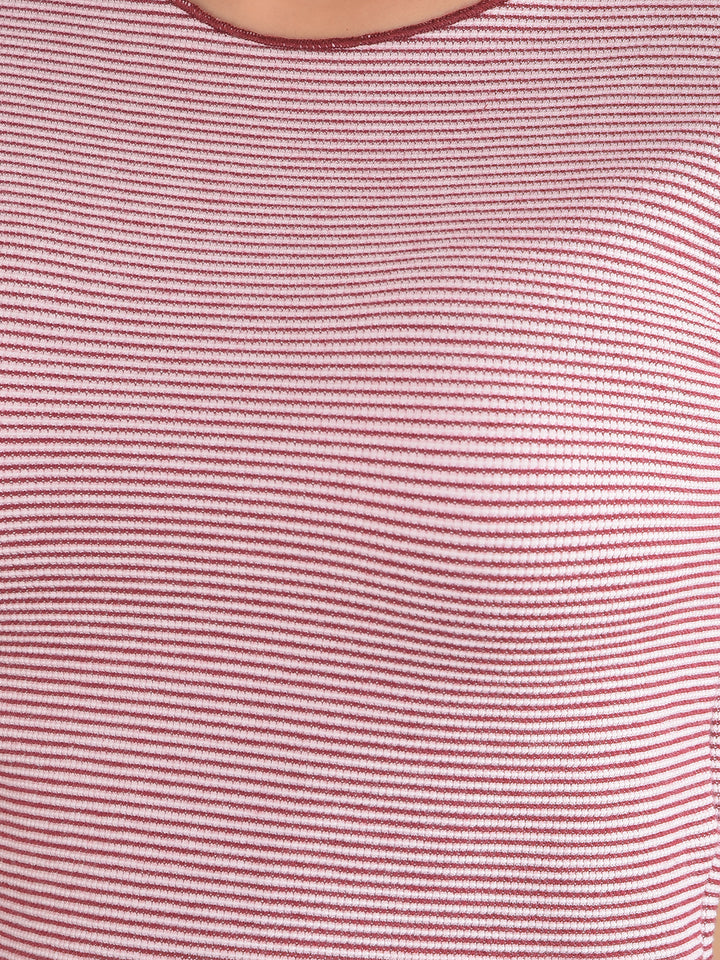 Maroon Horizontal Stripes Crop Length Knitted Top-Women Tops-Crimsoune Club