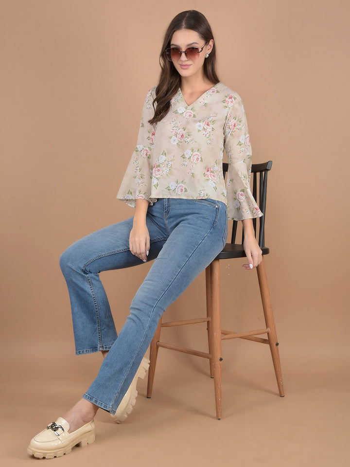 Beige Floral Print V-Neck Crop Top-Women Tops-Crimsoune Club