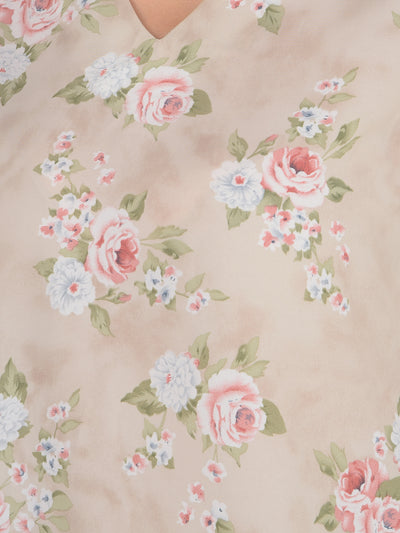 Beige Floral Print V-Neck Crop Top-Women Tops-Crimsoune Club