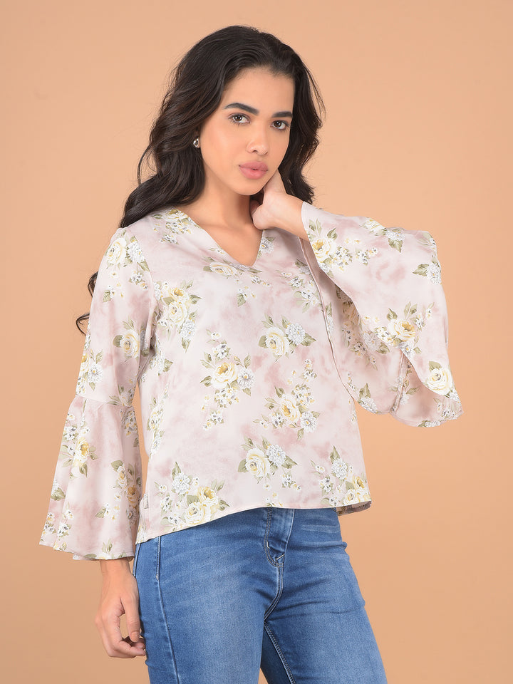 Pink Floral Print V-Neck Top-Women Tops-Crimsoune Club
