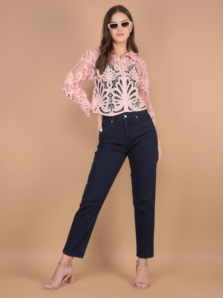 Peach Printed Spread Collar Crochet Crop Top-Women Tops-Crimsoune Club