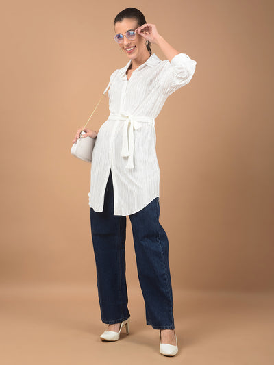 White Textured Long-Line Top-Women Tops-Crimsoune Club