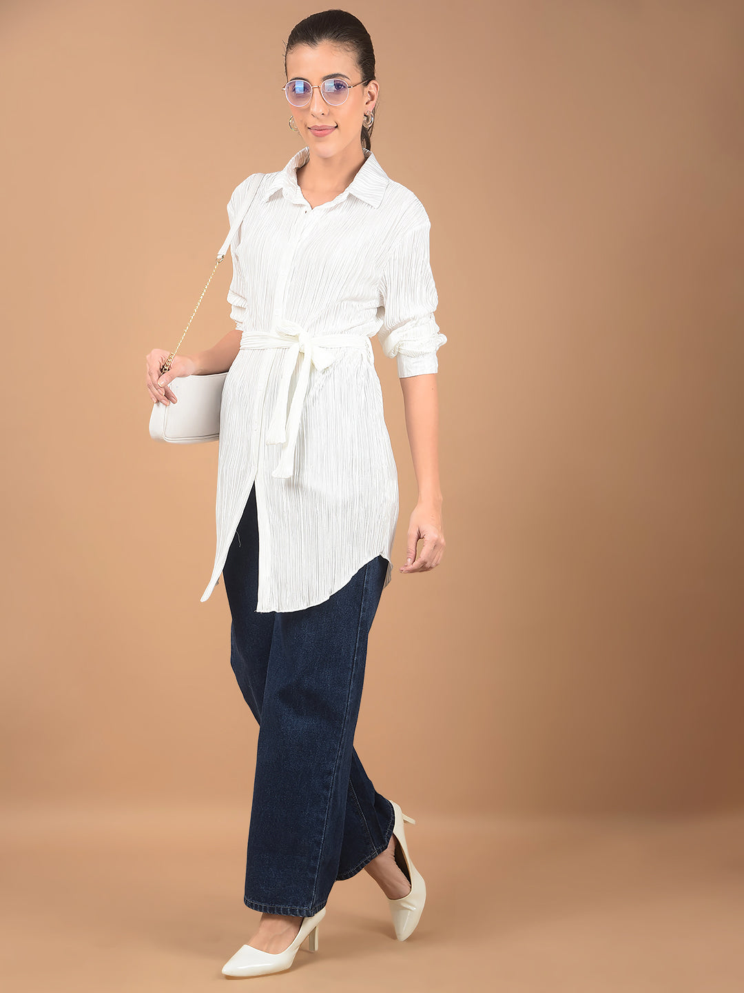 White Textured Long-Line Top-Women Tops-Crimsoune Club