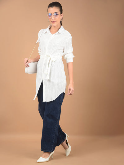 White Textured Long-Line Top-Women Tops-Crimsoune Club