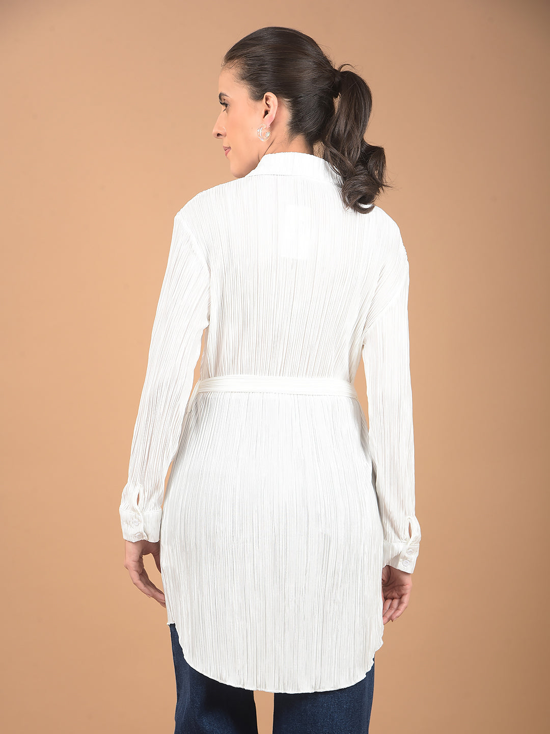 White Textured Long-Line Top-Women Tops-Crimsoune Club
