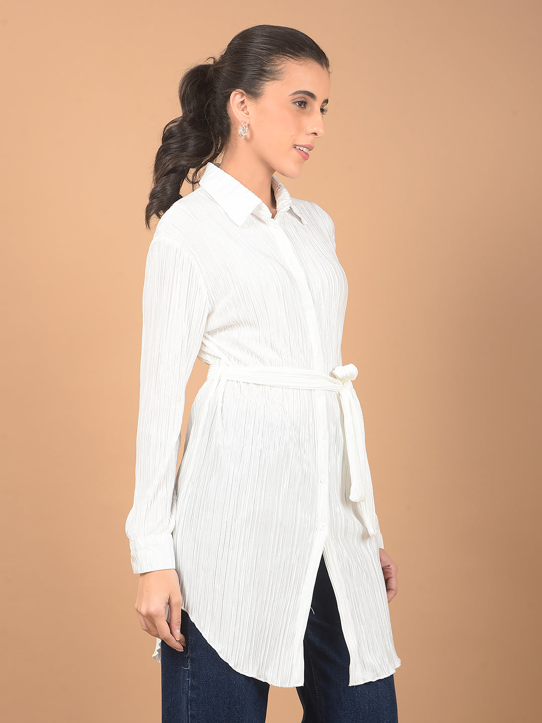 White Textured Long-Line Top-Women Tops-Crimsoune Club