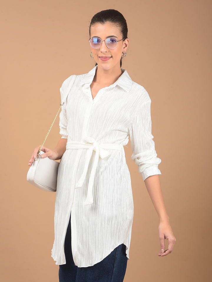 White Textured Long-Line Top-Women Tops-Crimsoune Club