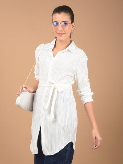 White Textured Long-Line Top-Women Tops-Crimsoune Club