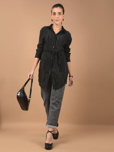 Black Textured Long-Line Top-Women Tops-Crimsoune Club