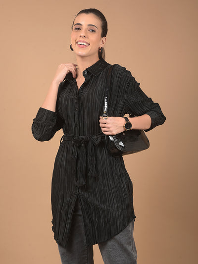 Black Textured Long-Line Top-Women Tops-Crimsoune Club
