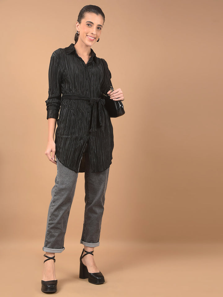 Black Textured Long-Line Top-Women Tops-Crimsoune Club