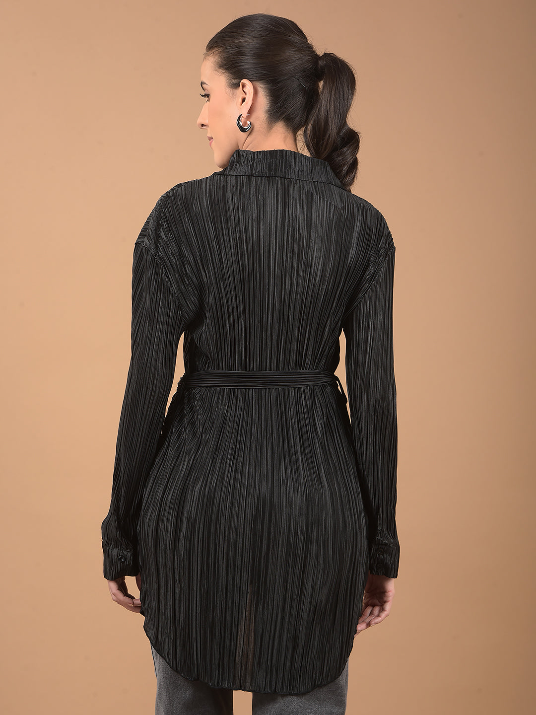 Black Textured Long-Line Top-Women Tops-Crimsoune Club