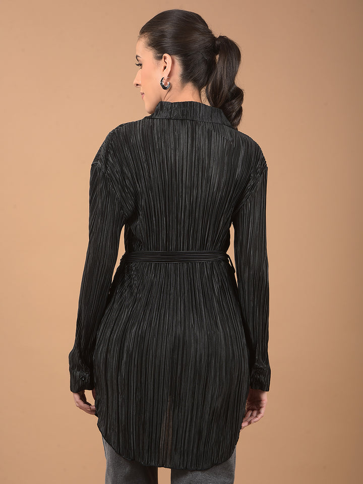 Black Textured Long-Line Top-Women Tops-Crimsoune Club