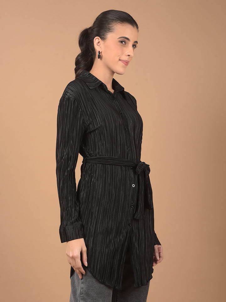 Black Textured Long-Line Top-Women Tops-Crimsoune Club