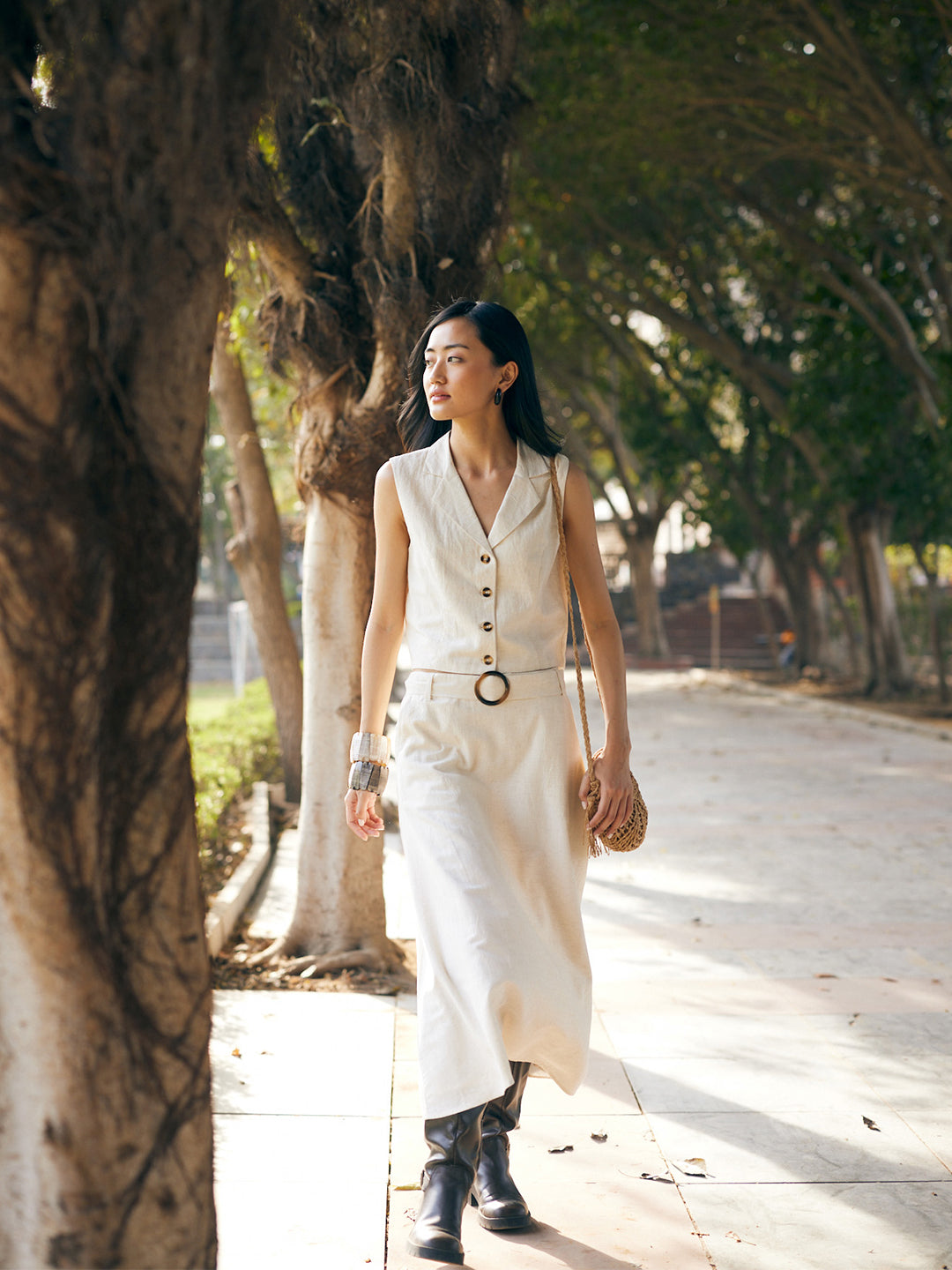 Women's Off White Linen Sleeveless Waist Coat-Women Waist-Coats-Crimsoune Club