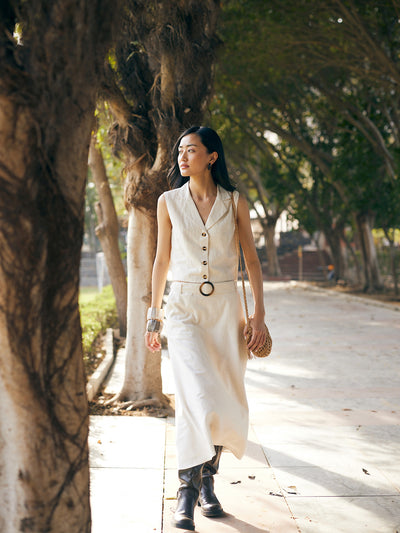 Women's Off White Linen Sleeveless Waist Coat-Women Waist-Coats-Crimsoune Club