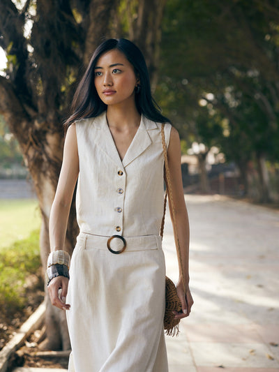 Women's Off White Linen Sleeveless Waist Coat-Women Waist-Coats-Crimsoune Club