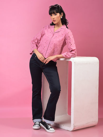Pink 100% Cotton Resort Collar Semi-Sheer Cropped Shirt-Women Shirts-Crimsoune Club