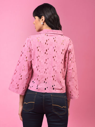 Pink 100% Cotton Resort Collar Semi-Sheer Cropped Shirt-Women Shirts-Crimsoune Club