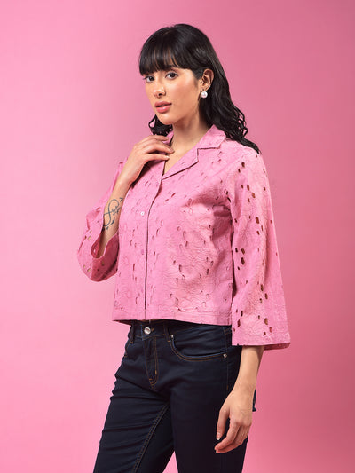 Pink 100% Cotton Resort Collar Semi-Sheer Cropped Shirt-Women Shirts-Crimsoune Club
