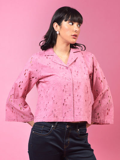Pink 100% Cotton Resort Collar Semi-Sheer Cropped Shirt-Women Shirts-Crimsoune Club